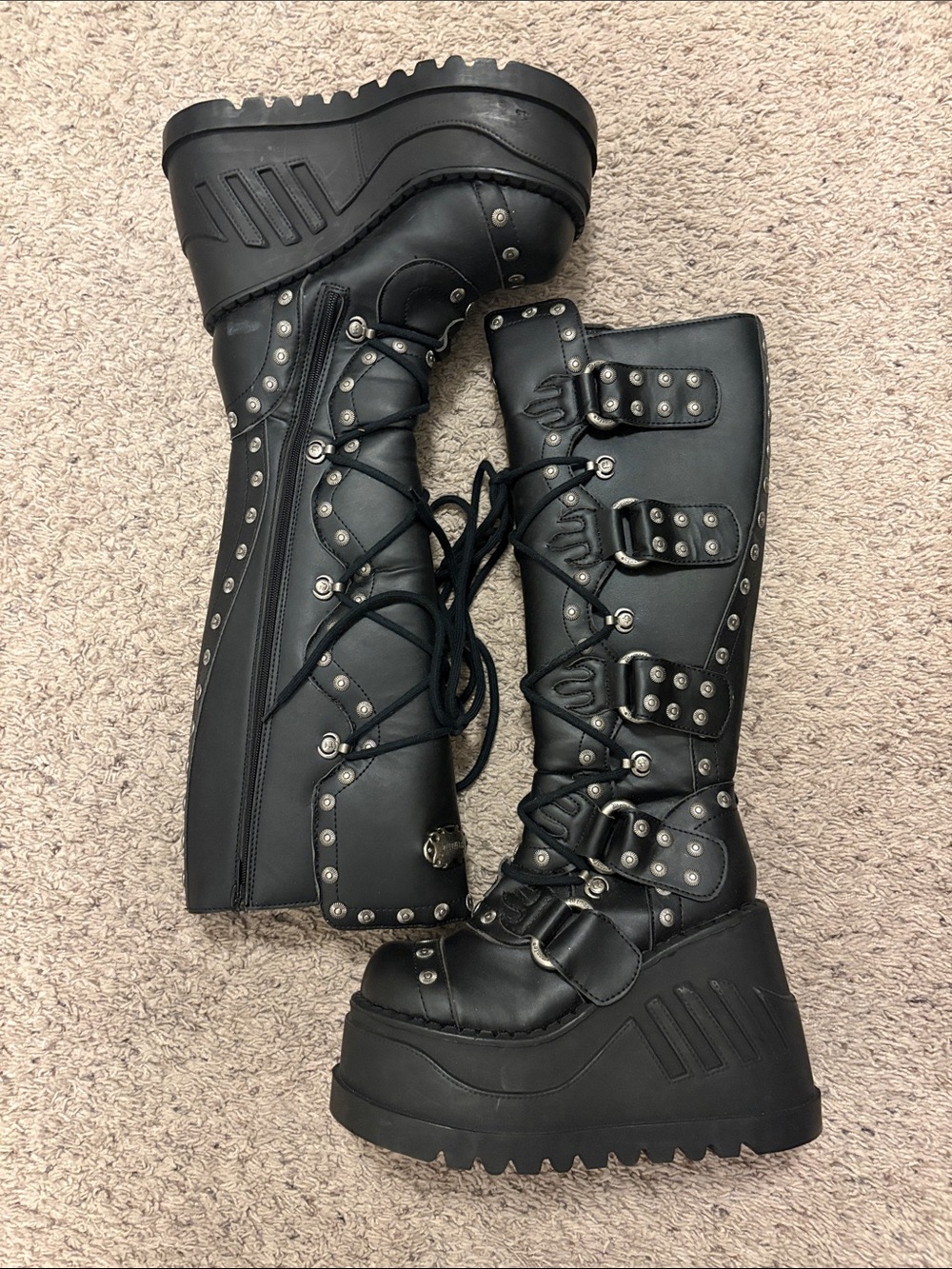 Demonia Black Studded Lace-Up Platform Knee-High Boots